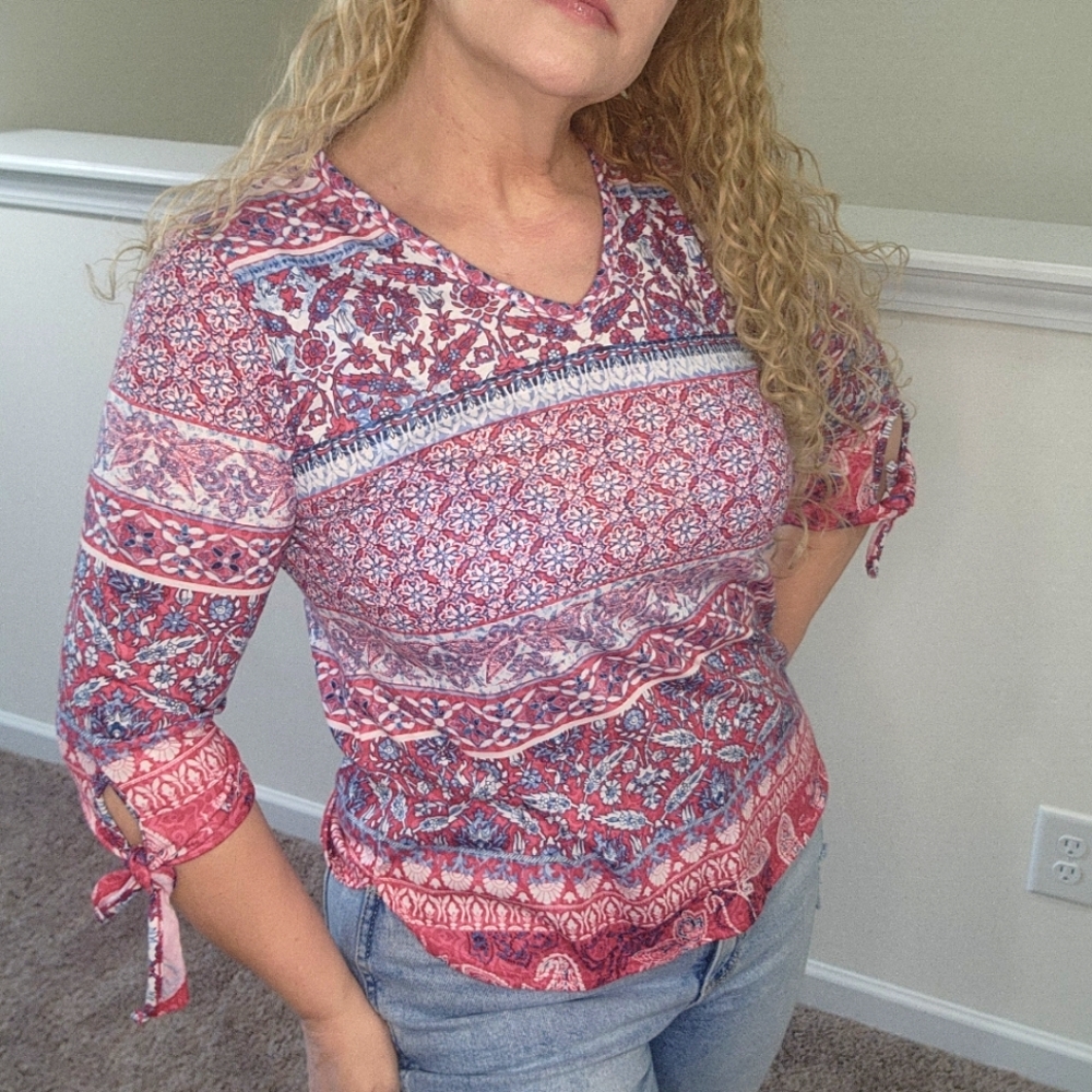 Women's Allison Daley 3/4 sleeve patriotic  floral print blouse SZ PS NWOT